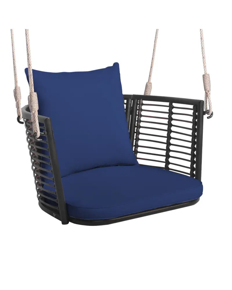 Single Person Hanging Seat with Woven Rattan Backrest for Backyard-Blue - Blue - Porch Swings