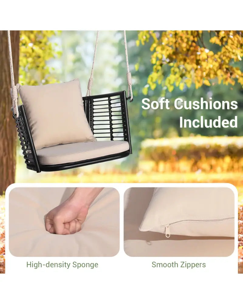 Single Person Hanging Seat with Woven Rattan Backrest for Backyard - Beige - Porch Swings
