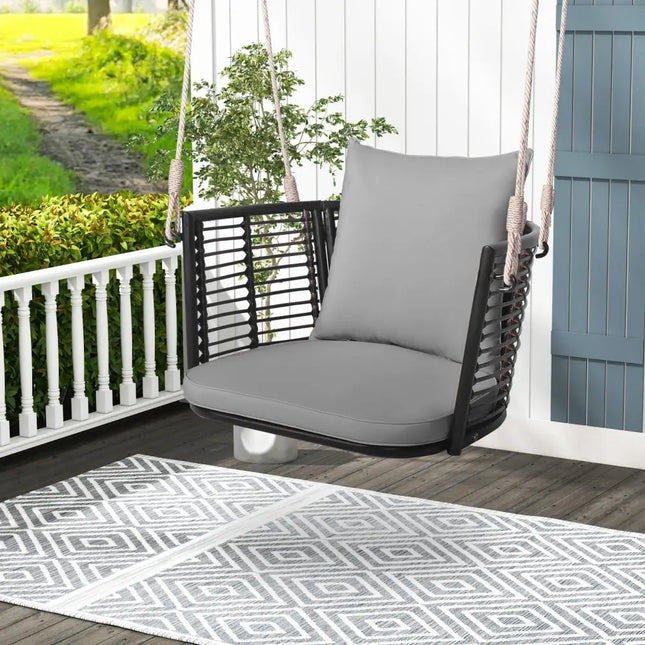 Single Person Hanging Seat with Woven Rattan Backrest for Backyard-Gray - Gray - Patio Rocking Chairs & Gliders