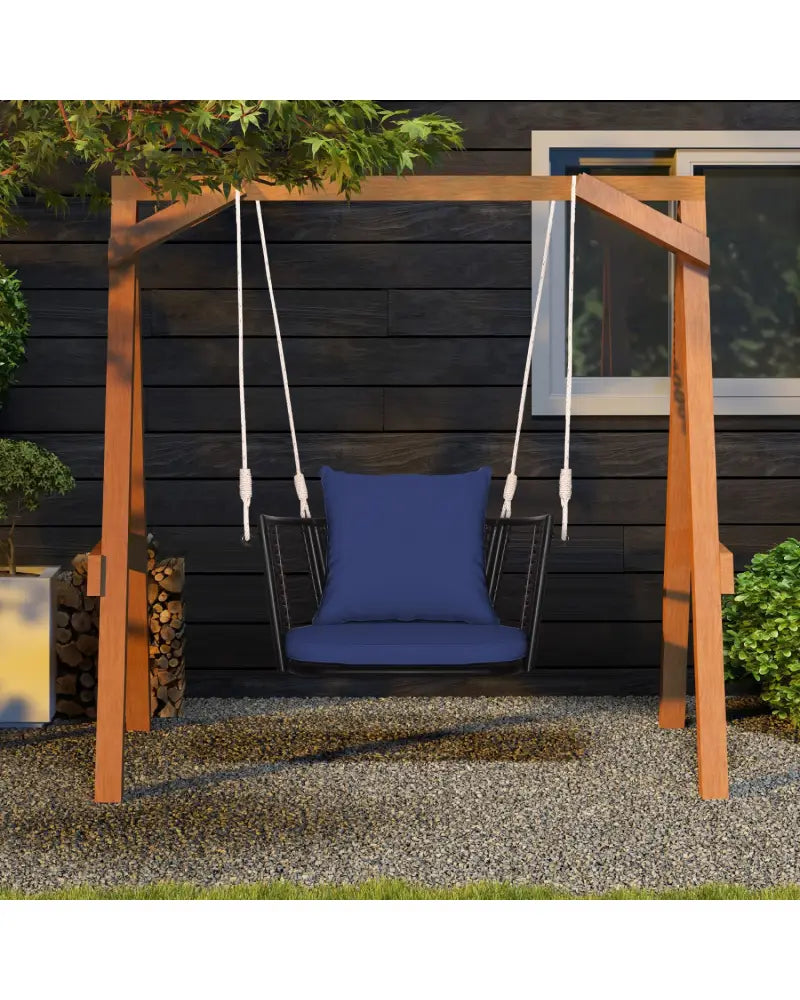 Single Person Hanging Seat with Woven Rattan Backrest for Backyard-Blue - Blue - Porch Swings