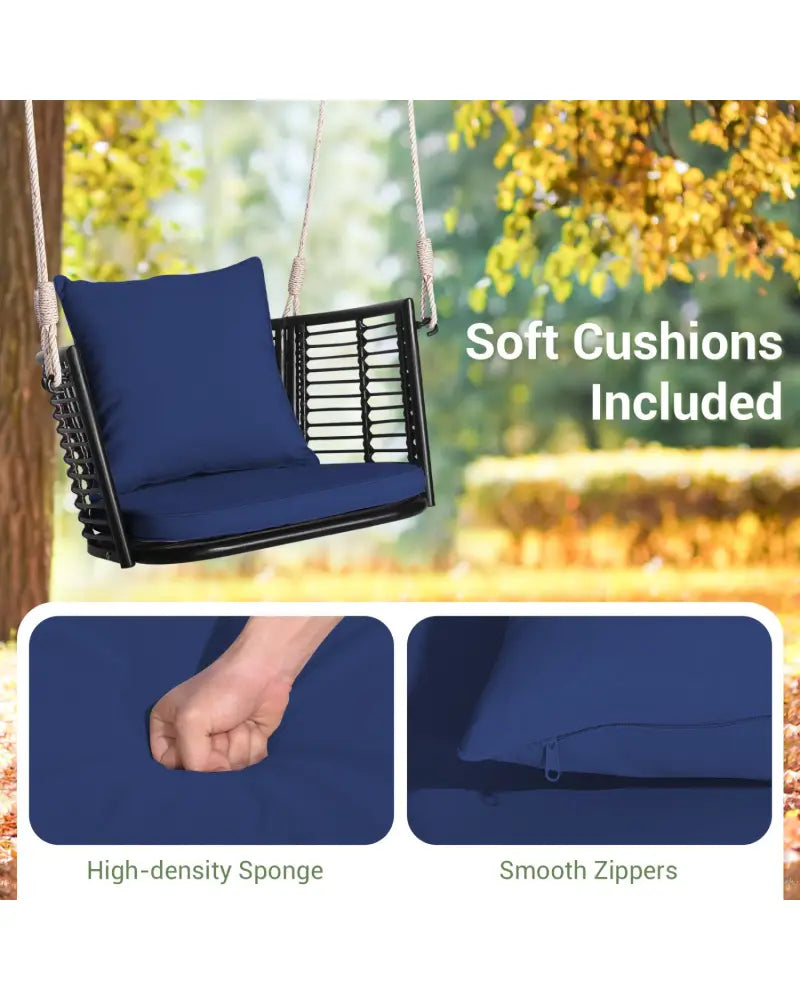 Single Person Hanging Seat with Woven Rattan Backrest for Backyard-Blue - Blue - Porch Swings