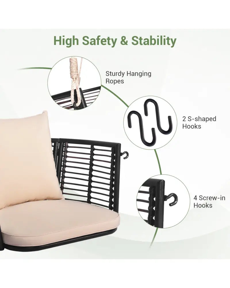 Single Person Hanging Seat with Woven Rattan Backrest for Backyard - Beige - Porch Swings