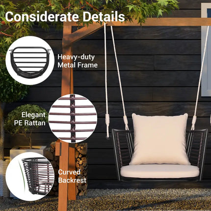 Single Person Hanging Seat with Woven Rattan Backrest for Backyard-Beige - Beige - Patio Rocking Chairs & Gliders