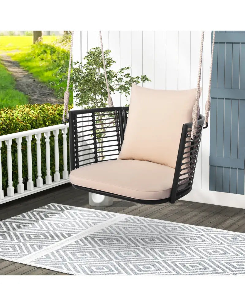Single Person Hanging Seat with Woven Rattan Backrest for Backyard - Beige - Porch Swings