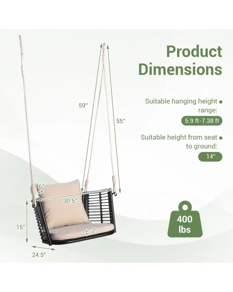 Single Person Hanging Seat with Woven Rattan Backrest for Backyard - Beige - Porch Swings
