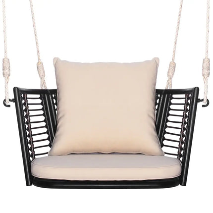Single Person Hanging Seat with Woven Rattan Backrest for Backyard-Beige - Beige - Patio Rocking Chairs & Gliders