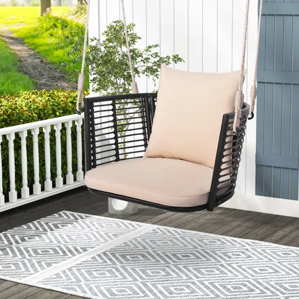 Single Person Hanging Seat with Woven Rattan Backrest for Backyard-Beige - Beige - Patio Rocking Chairs & Gliders