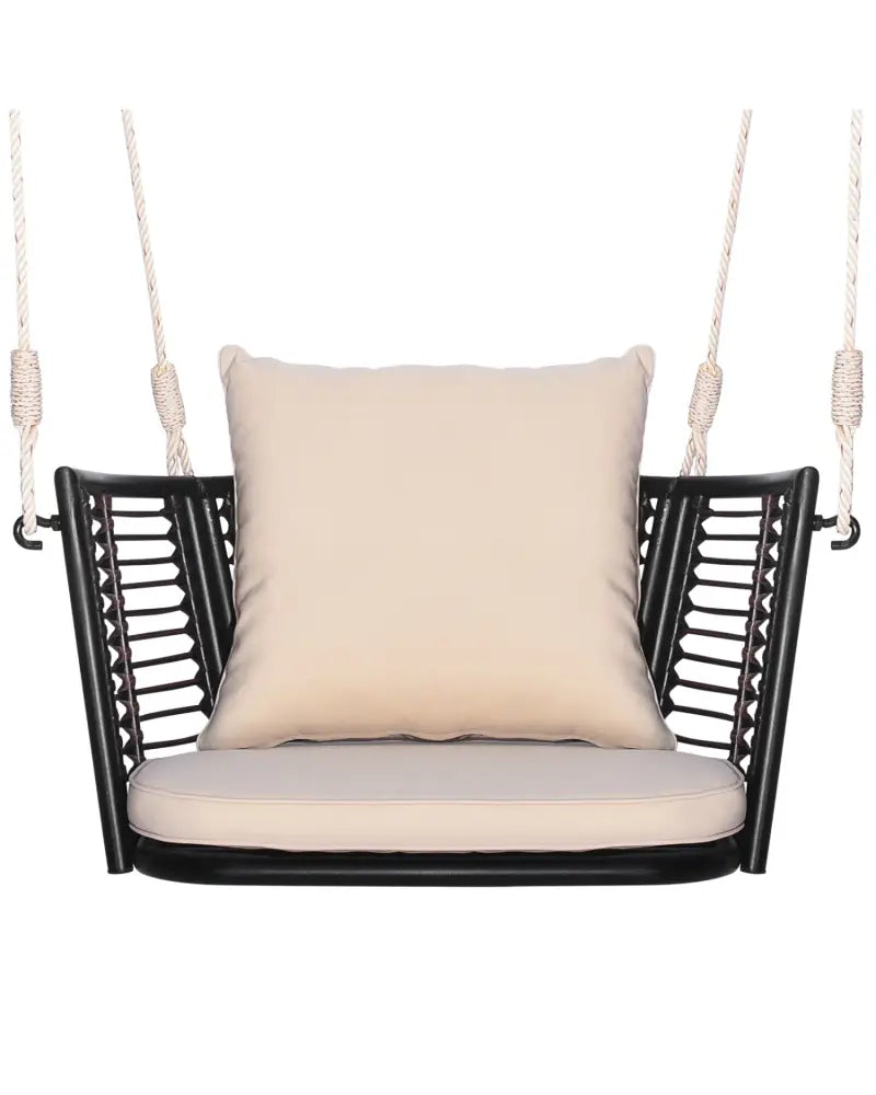Single Person Hanging Seat with Woven Rattan Backrest for Backyard - Beige - Porch Swings