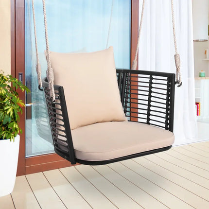 Single Person Hanging Seat with Woven Rattan Backrest for Backyard-Beige - Beige - Patio Rocking Chairs & Gliders