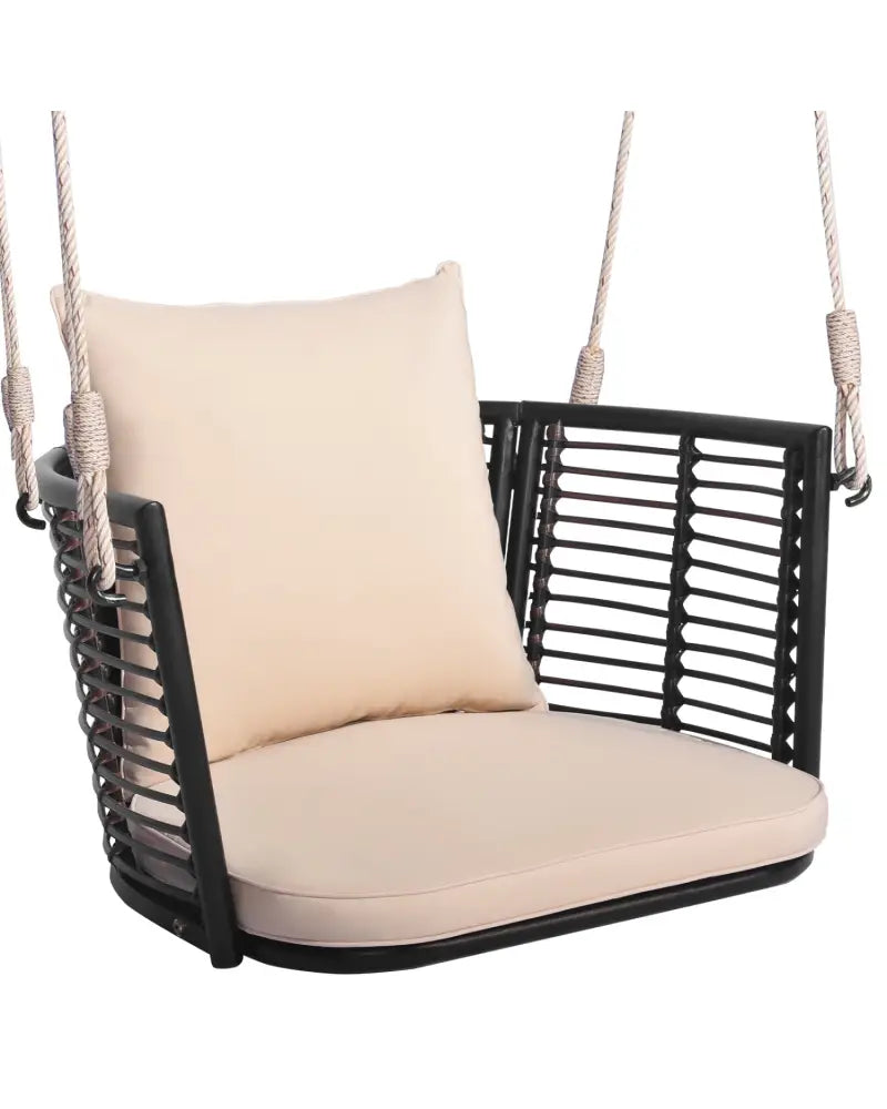 Single Person Hanging Seat with Woven Rattan Backrest for Backyard - Beige - Porch Swings