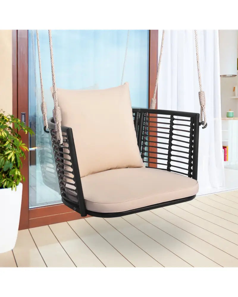 Single Person Hanging Seat with Woven Rattan Backrest for Backyard - Beige - Porch Swings