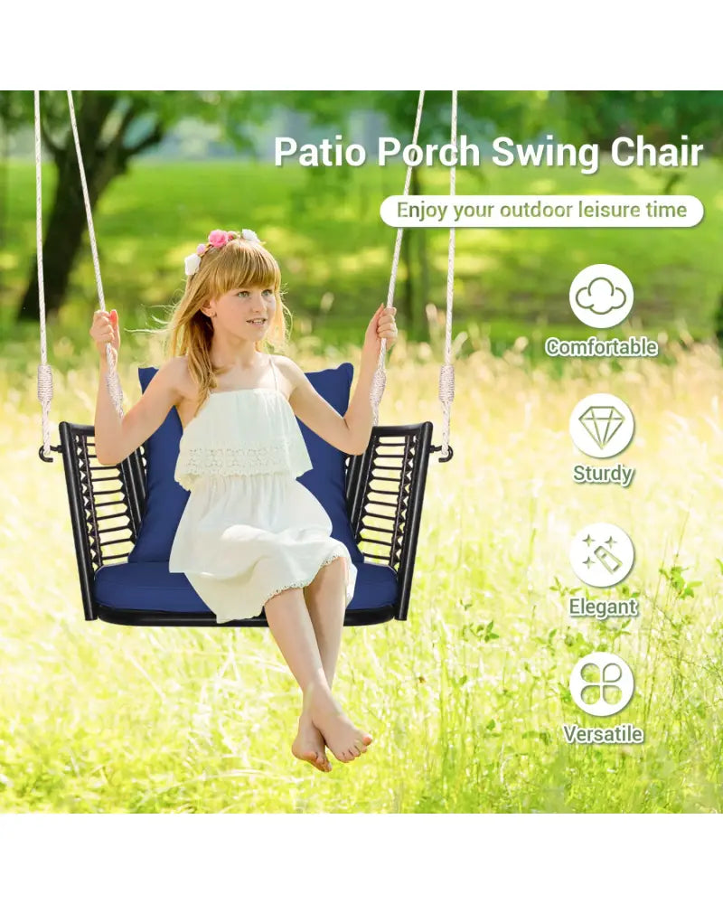 Single Person Hanging Seat with Woven Rattan Backrest for Backyard-Blue - Blue - Porch Swings