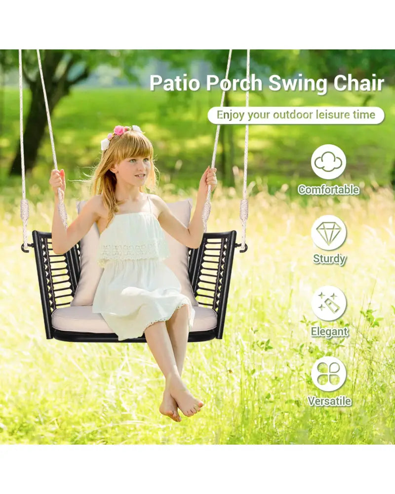 Single Person Hanging Seat with Woven Rattan Backrest for Backyard - Beige - Porch Swings