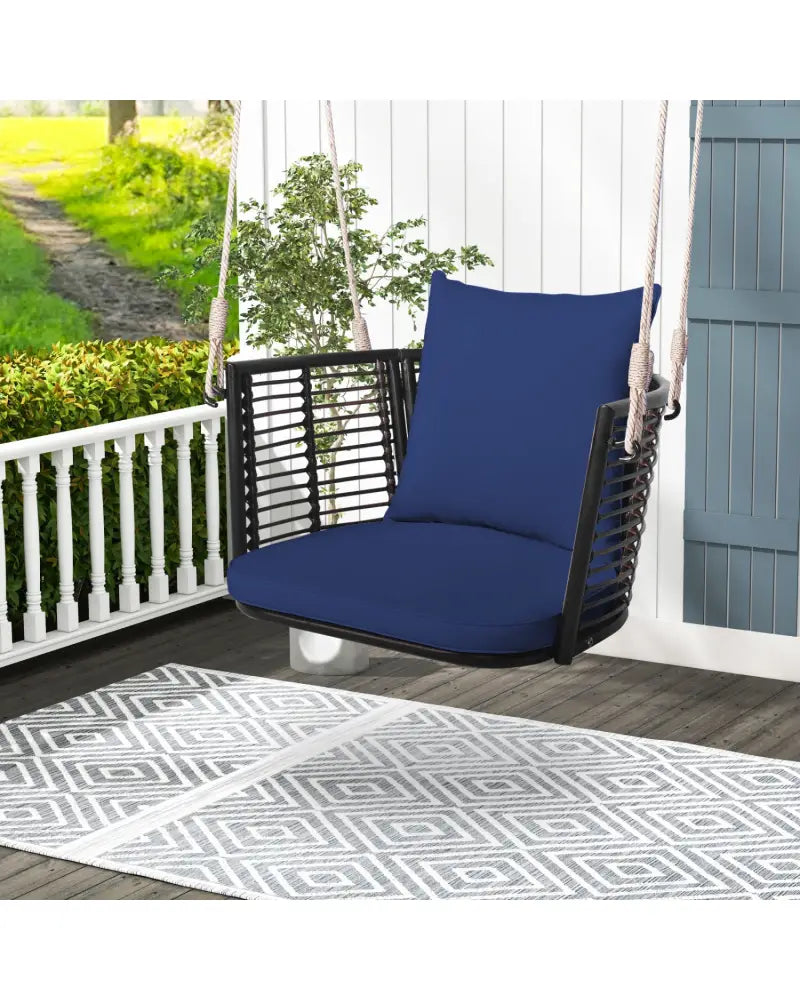 Single Person Hanging Seat with Woven Rattan Backrest for Backyard-Blue - Blue - Porch Swings