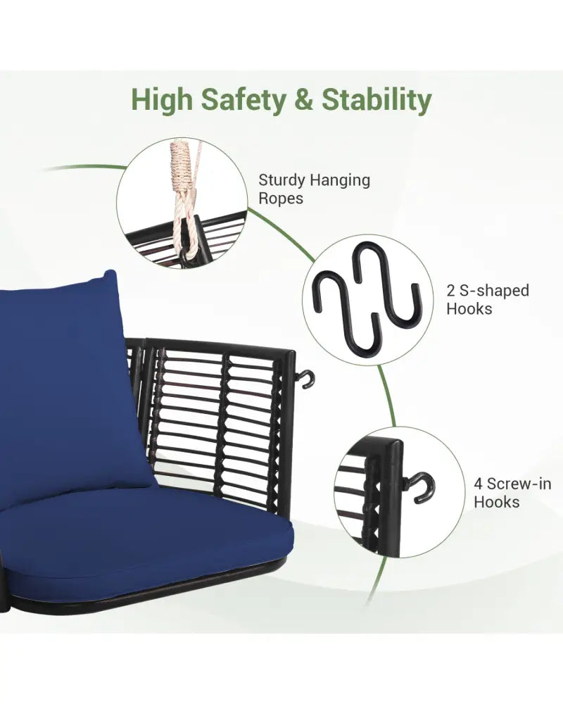 Single Person Hanging Seat with Woven Rattan Backrest for Backyard-Blue - Blue - Porch Swings