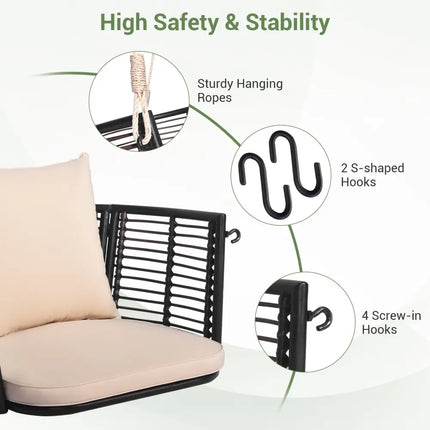 Single Person Hanging Seat with Woven Rattan Backrest for Backyard-Beige - Beige - Patio Rocking Chairs & Gliders