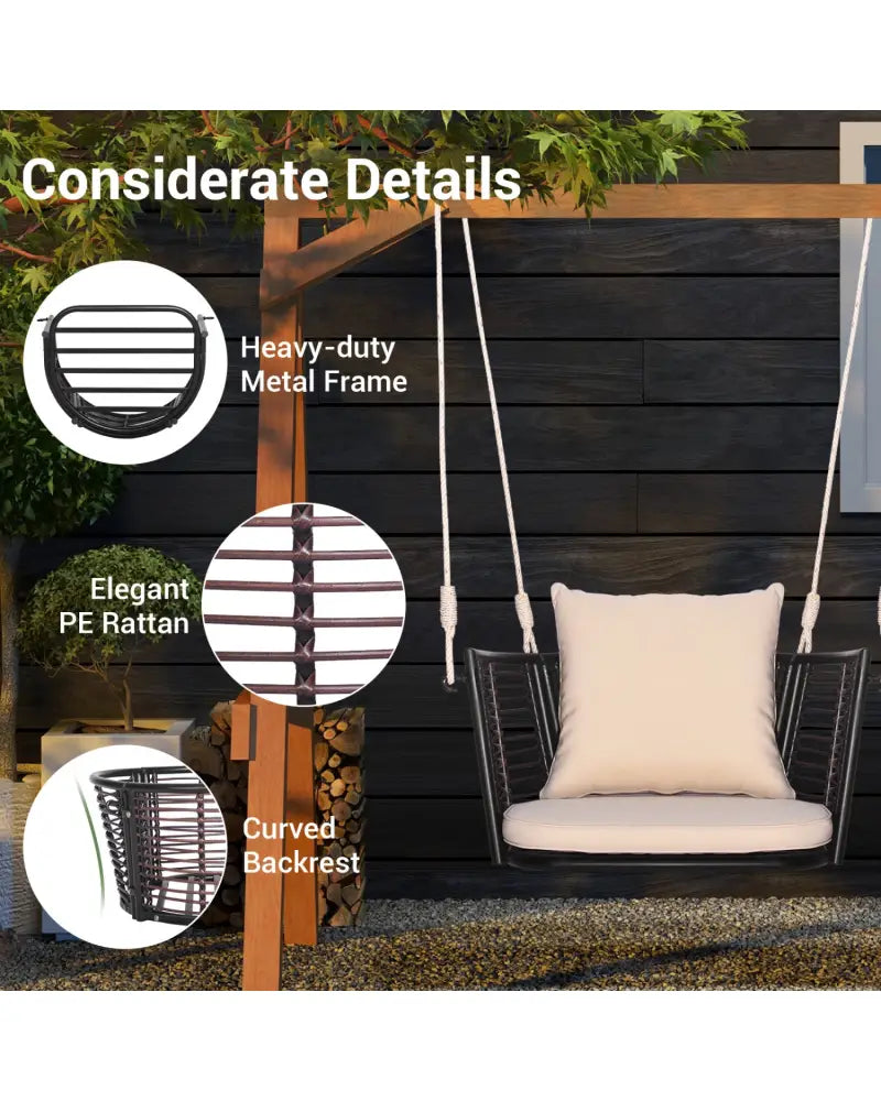 Single Person Hanging Seat with Woven Rattan Backrest for Backyard - Beige - Porch Swings
