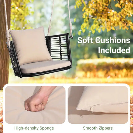 Single Person Hanging Seat with Woven Rattan Backrest for Backyard-Beige - Beige - Patio Rocking Chairs & Gliders