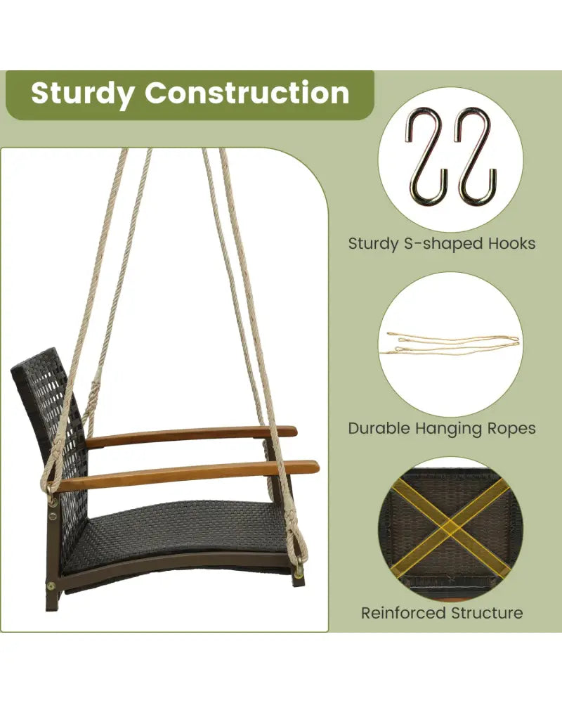 Single Rattan Porch Swing with Armrests Cushion and Hanging Ropes-White - White - Porch Swings