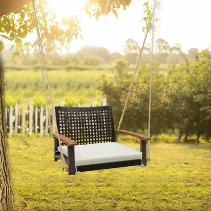 Single Rattan Porch Swing with Armrests Cushion and Hanging Ropes-White - White - Porch Swings