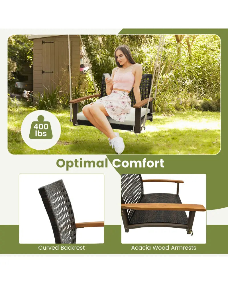 Single Rattan Porch Swing with Armrests Cushion and Hanging Ropes-White - White - Porch Swings