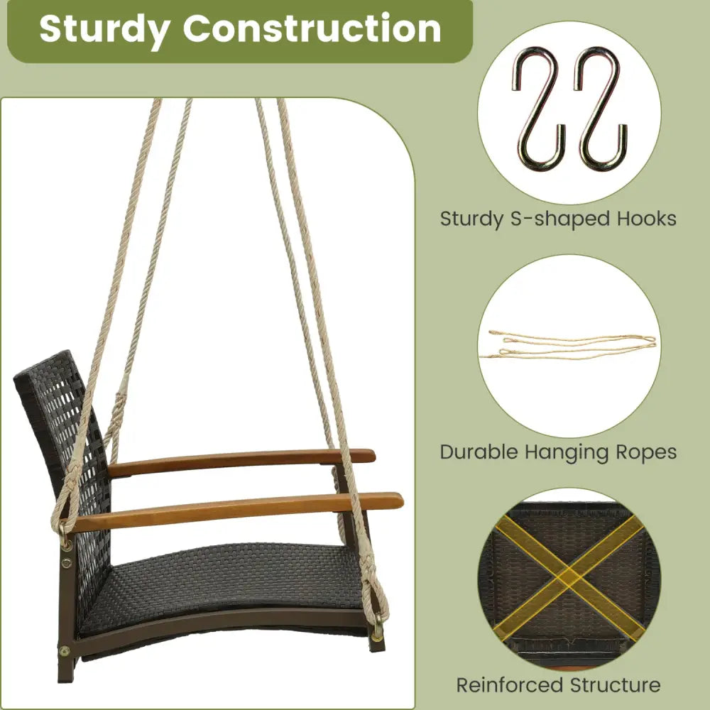 Single Rattan Porch Swing with Armrests Cushion and Hanging Ropes-White - White - Porch Swings
