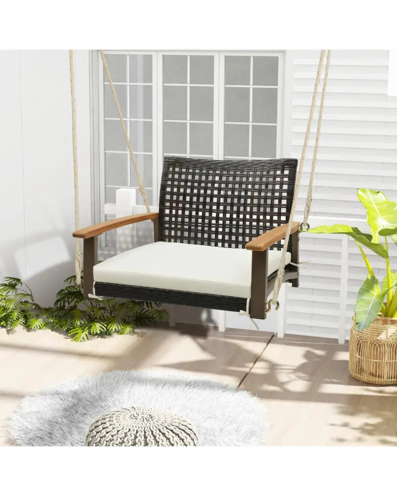 Single Rattan Porch Swing with Armrests Cushion and Hanging Ropes-White - White - Porch Swings