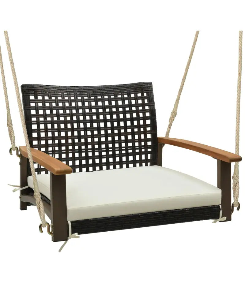 Single Rattan Porch Swing with Armrests Cushion and Hanging Ropes-White - White - Porch Swings