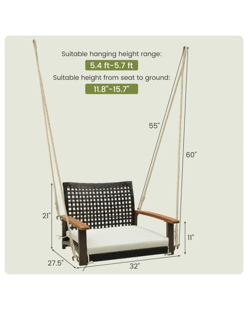 Single Rattan Porch Swing with Armrests Cushion and Hanging Ropes-White - White - Porch Swings