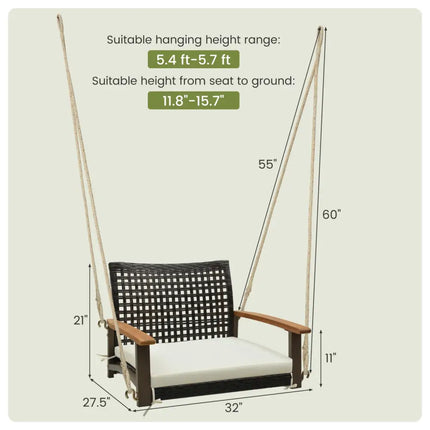 Single Rattan Porch Swing with Armrests Cushion and Hanging Ropes-White - White - Porch Swings