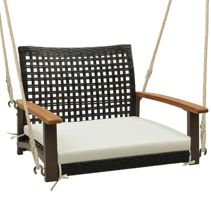 Single Rattan Porch Swing with Armrests Cushion and Hanging Ropes-White - White - Porch Swings