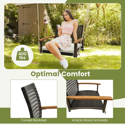 Single Rattan Porch Swing with Armrests Cushion and Hanging Ropes-White - White - Porch Swings