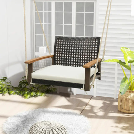 Single Rattan Porch Swing with Armrests Cushion and Hanging Ropes-White - White - Porch Swings