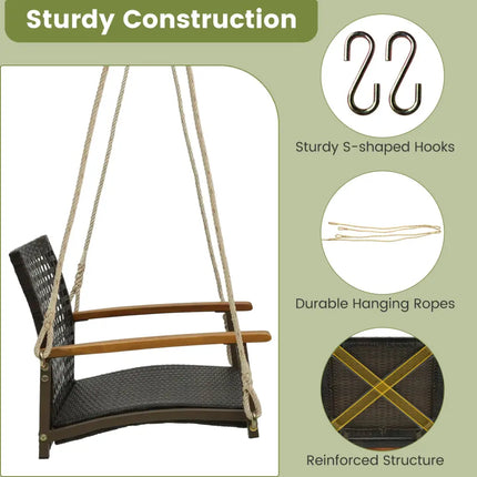 Single Rattan Porch Swing with Armrests Cushion and Hanging Ropes-White - White - Porch Swings