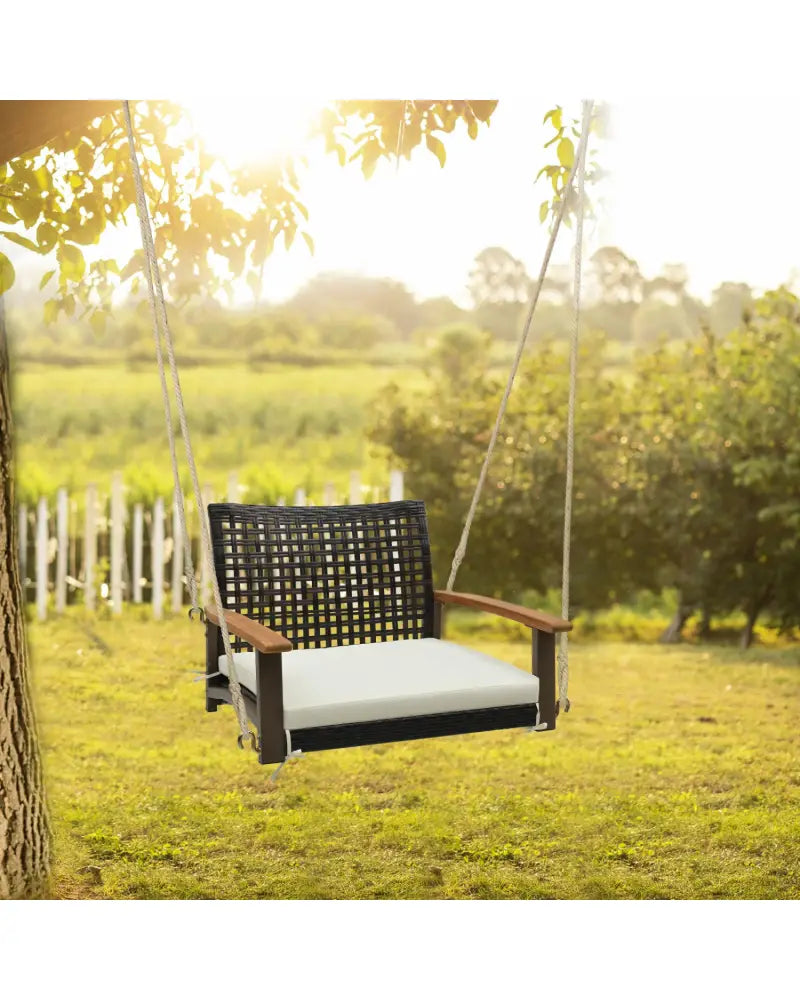 Single Rattan Porch Swing with Armrests Cushion and Hanging Ropes-White - White - Porch Swings
