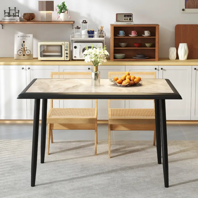 Sintered Stone Dining Table 44’’ Rectangular Kitchen Table with Metal Frame Indoor Modern Breakfast Table for Living
