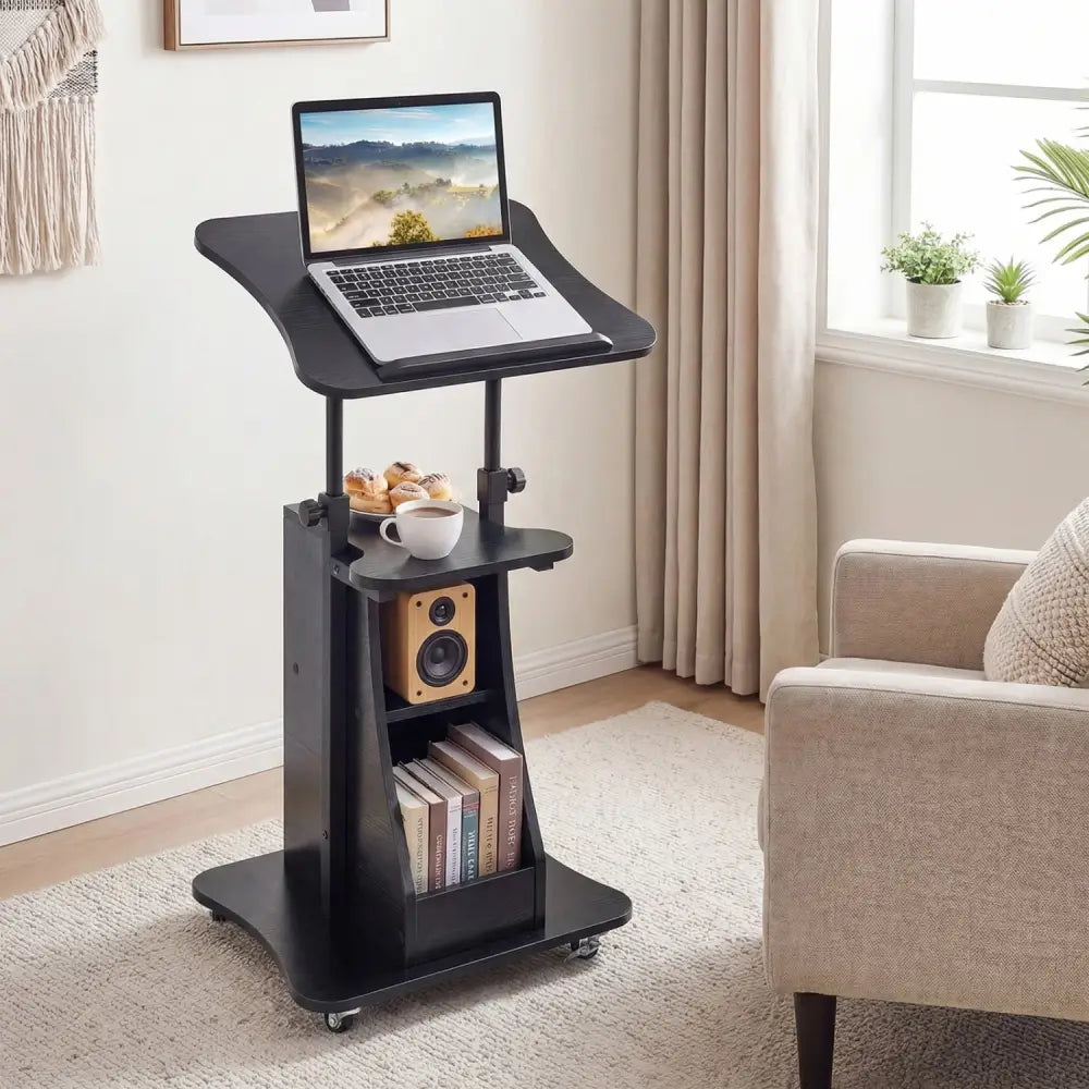 Sit-to-Stand Laptop Desk Cart Height Adjustable with Storage-Black - Black - Laptop Tables & Printer Stands