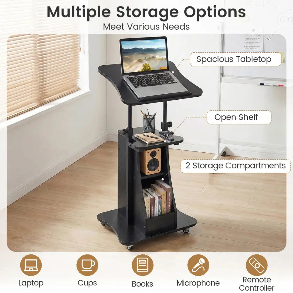 Sit-to-Stand Laptop Desk Cart Height Adjustable with Storage-Black - Black - Laptop Tables & Printer Stands