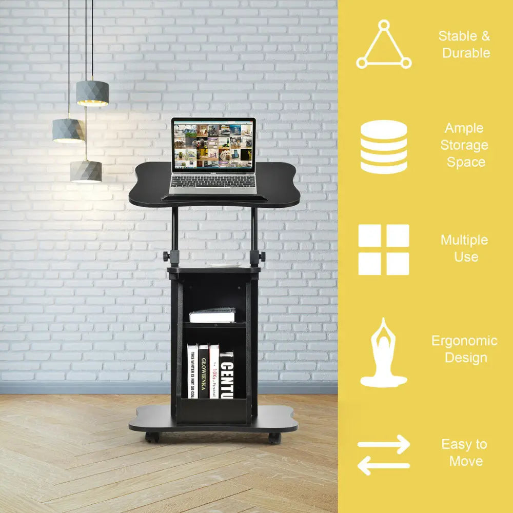 Sit-to-Stand Laptop Desk Cart Height Adjustable with Storage-Black - Black - Laptop Tables & Printer Stands