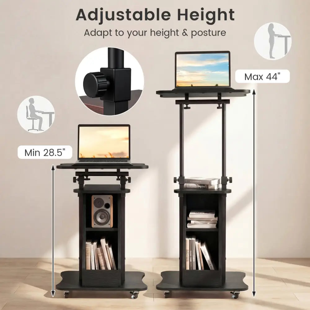Sit-to-Stand Laptop Desk Cart Height Adjustable with Storage-Black - Black - Laptop Tables & Printer Stands