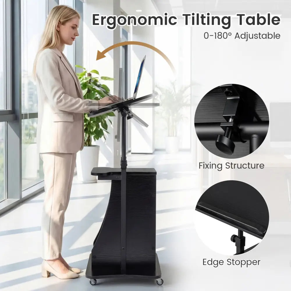 Sit-to-Stand Laptop Desk Cart Height Adjustable with Storage-Black - Black - Laptop Tables & Printer Stands