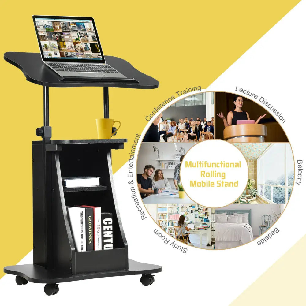 Sit-to-Stand Laptop Desk Cart Height Adjustable with Storage-Black - Black - Laptop Tables & Printer Stands