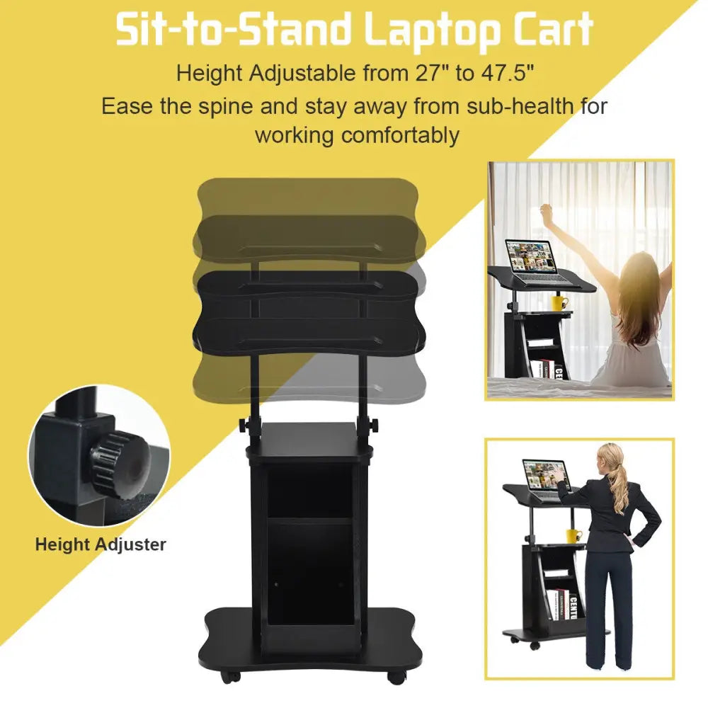 Sit-to-Stand Laptop Desk Cart Height Adjustable with Storage-Black - Black - Laptop Tables & Printer Stands