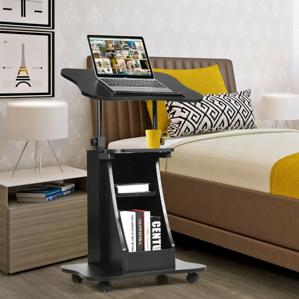Sit-to-Stand Laptop Desk Cart Height Adjustable with Storage-Black - Black - Laptop Tables & Printer Stands