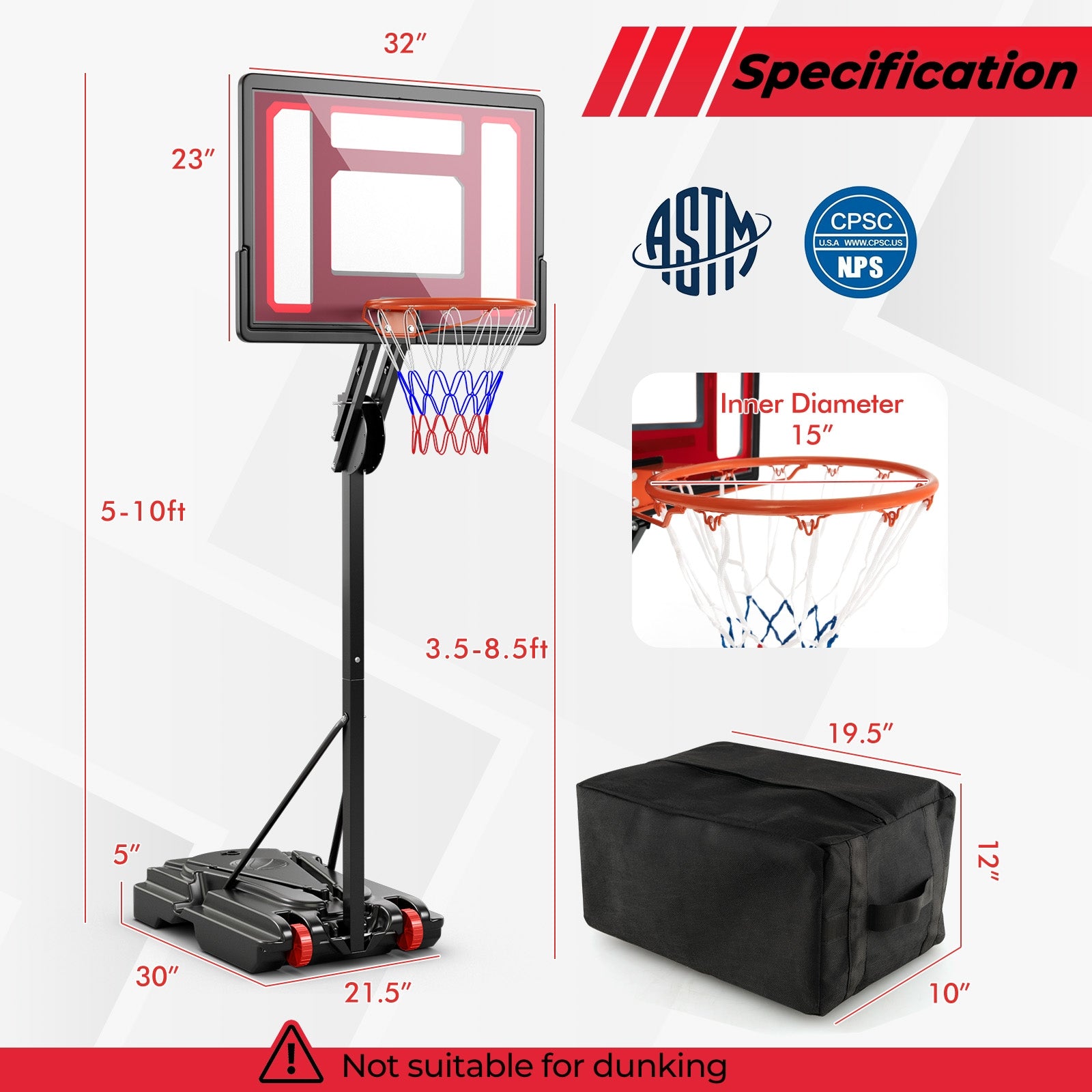 Basketball Hoop with 5-10 Feet Adjustable Height for Indoor Outdoor