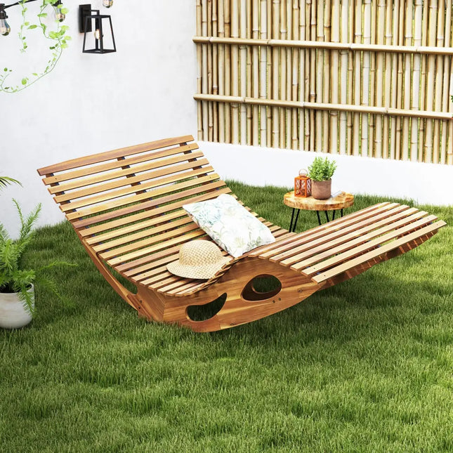 Slatted Acacia 2-Seat Patio Dual Rocker Sunbed Wood Lounger with Ergonomic Curved Seat - Natural - Patio Rocking Chairs