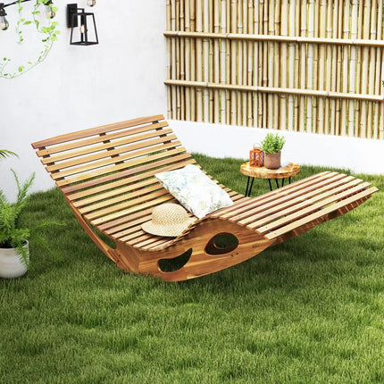 Slatted Acacia 2-Seat Patio Dual Rocker Sunbed Wood Lounger with Ergonomic Curved Seat - Natural - Patio Rocking Chairs