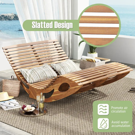 Slatted Acacia 2-Seat Patio Dual Rocker Sunbed Wood Lounger with Ergonomic Curved Seat - Natural - Patio Rocking Chairs