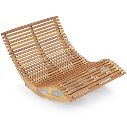 Slatted Acacia 2-Seat Patio Dual Rocker Sunbed Wood Lounger with Ergonomic Curved Seat - Natural - Patio Rocking Chairs