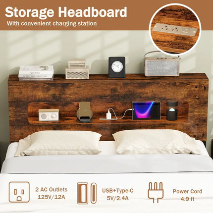 Slatted Full Bed Frame with LED Lights and Storage Headboard No Box Spring Needed-Full Size - Simple Bed Frame